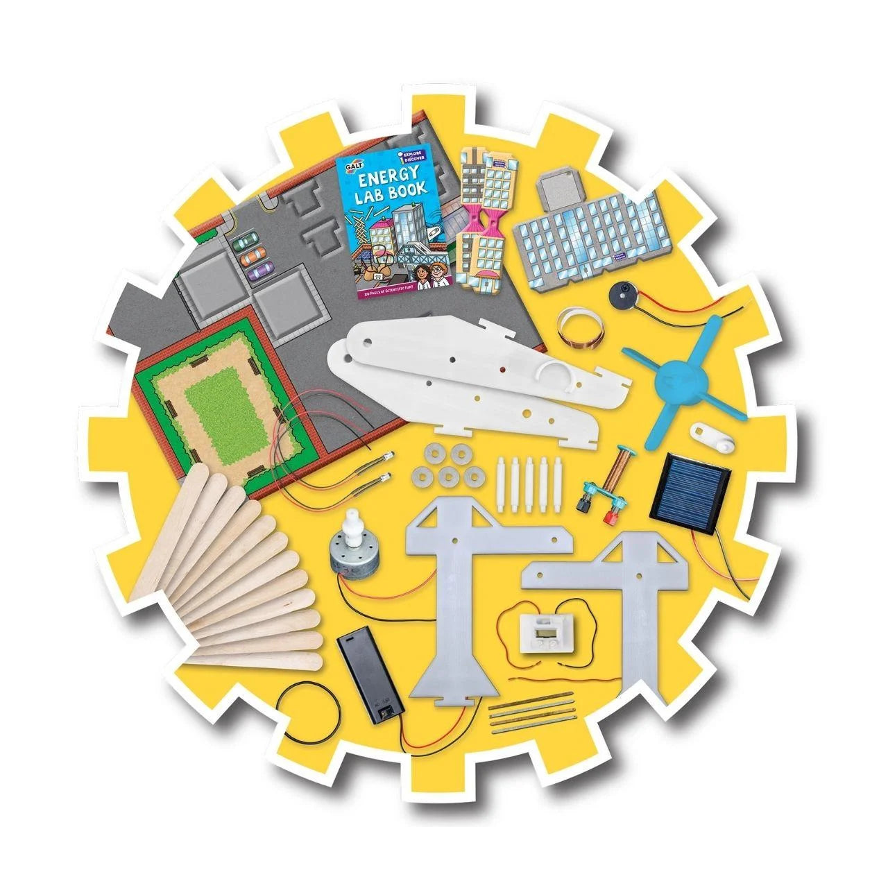 Educational STEM tools and components arranged on a yellow gear-shaped background