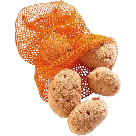 Fabric potatoes in an orange mesh bag on a white background