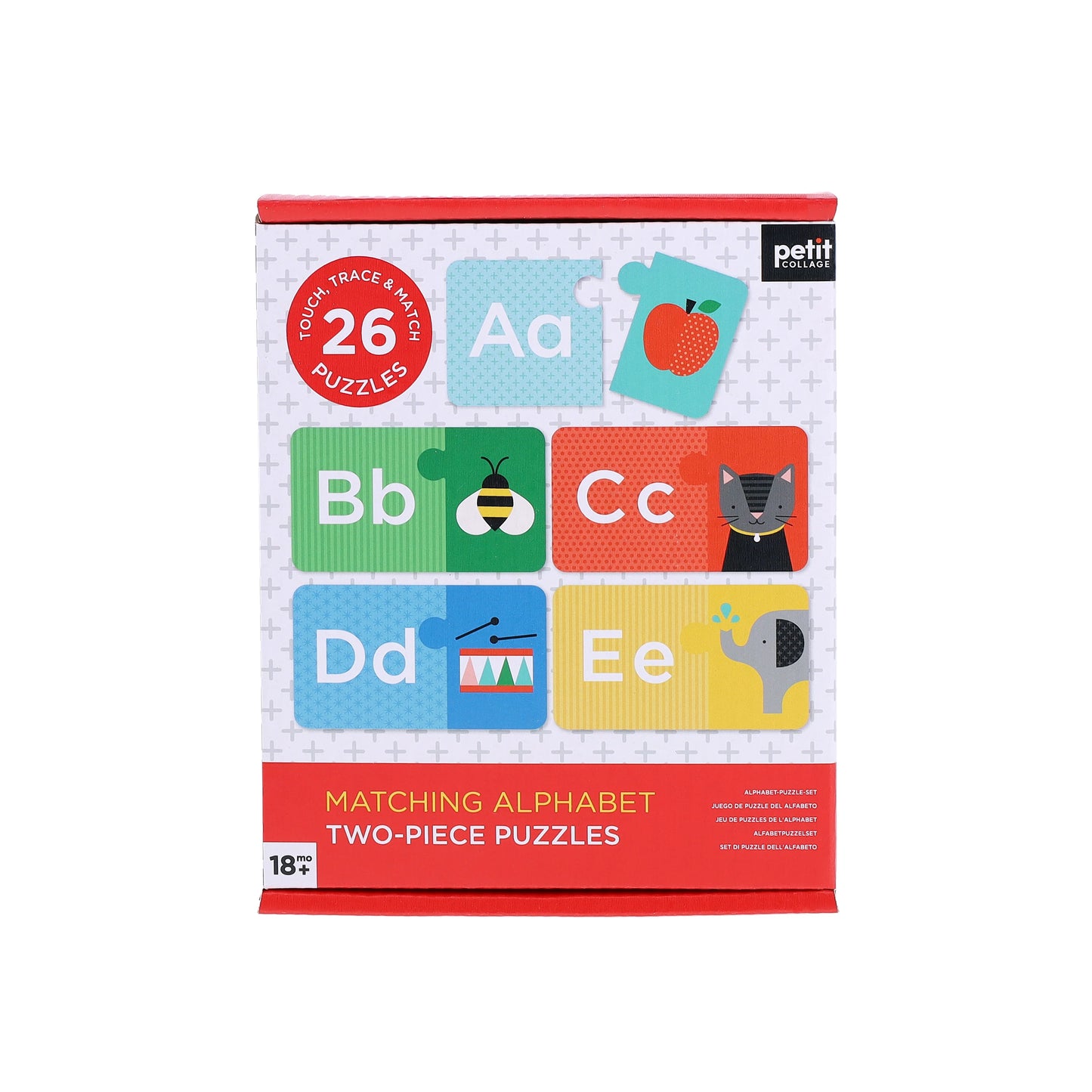 Packaging of matching alphabet two-piece puzzles with colorful illustrations.