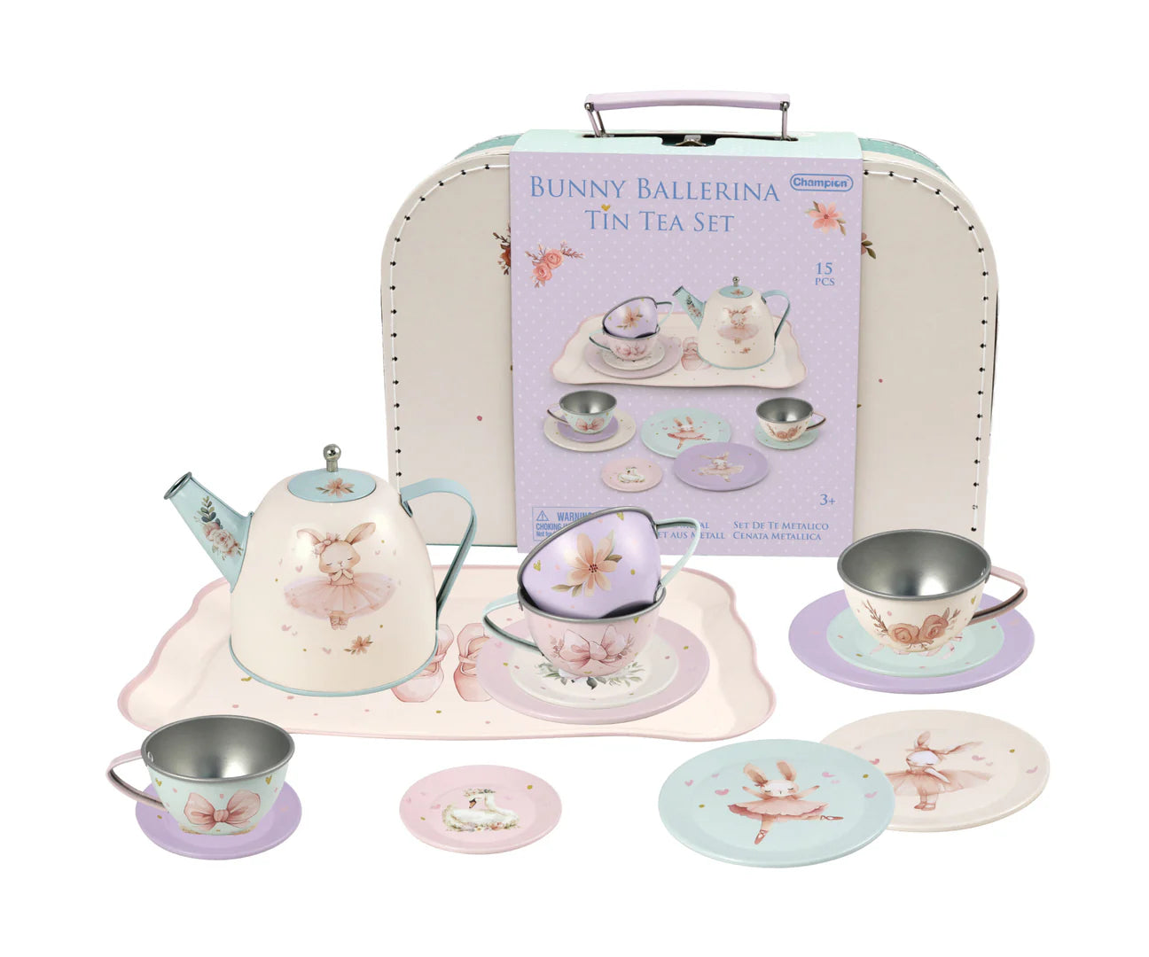 Bunny Ballerina tin tea set with pastel colors and a carrying case on a white background