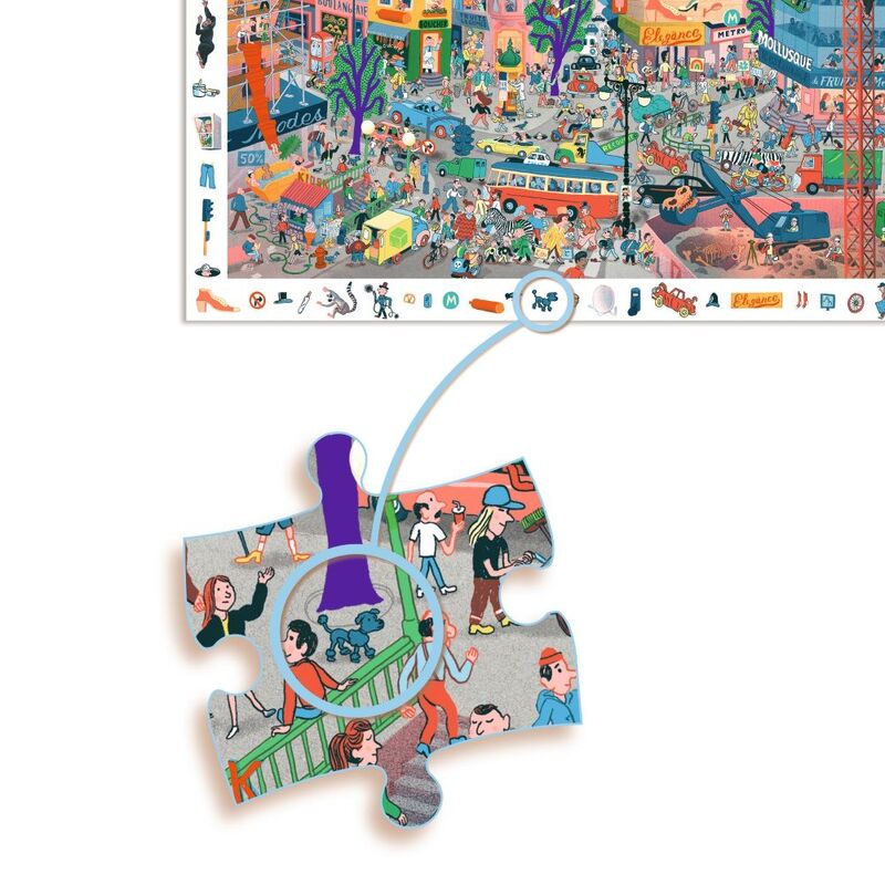 Children's puzzle with a colorful cityscape and missing piece on a white background