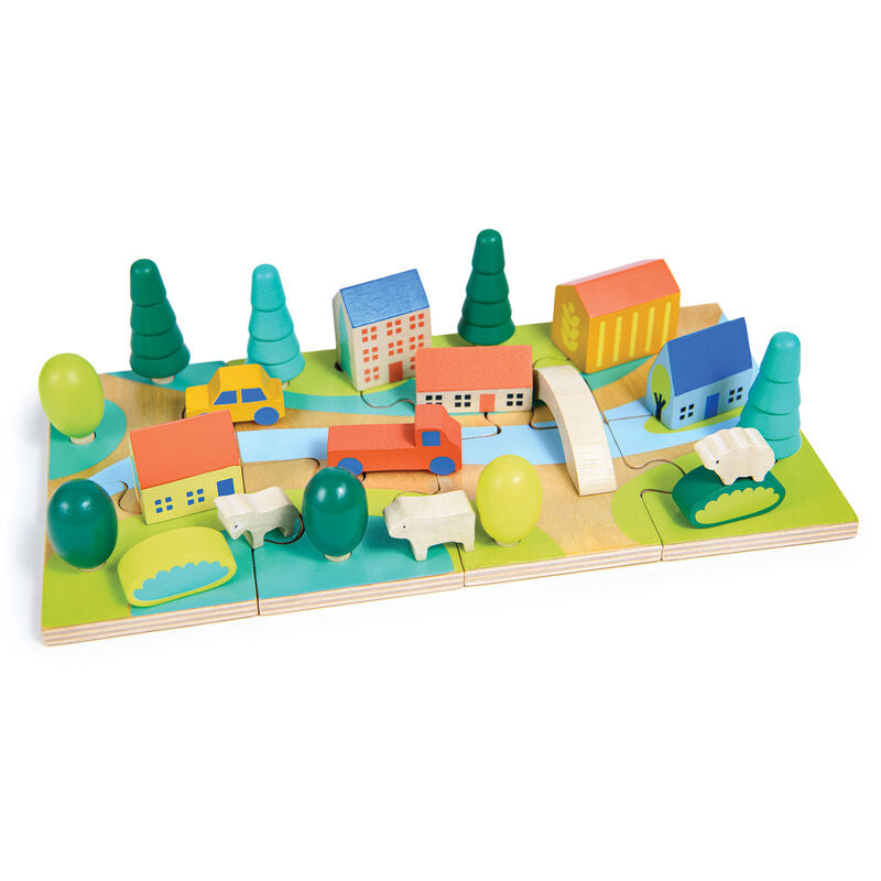 Colorful wooden toy set with houses, cars, and animals on a white background