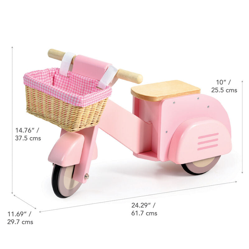 Pink toy scooter with basket, dimensions labeled on a white background
