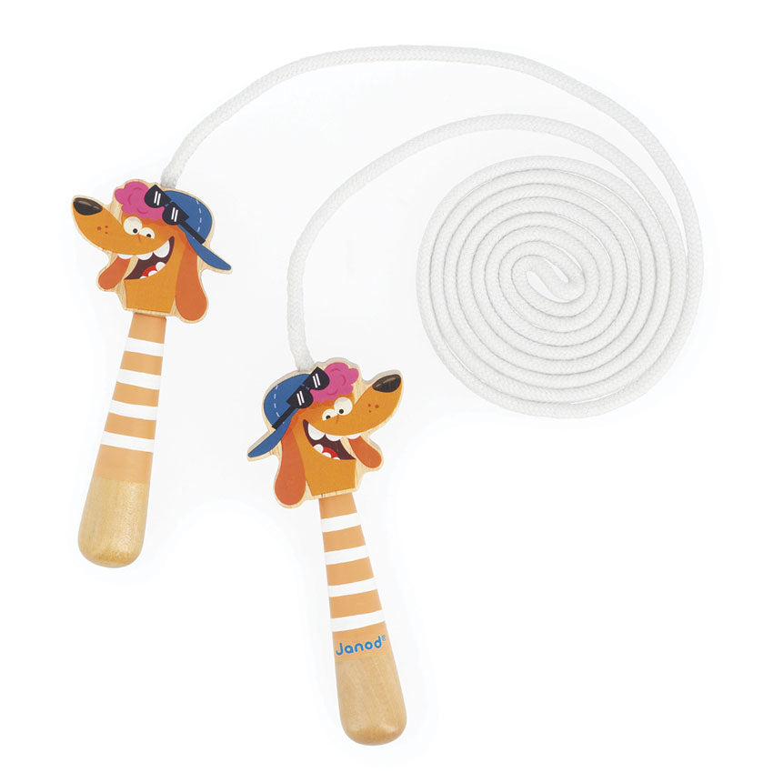 Jump rope with cartoon dog handles on a white background