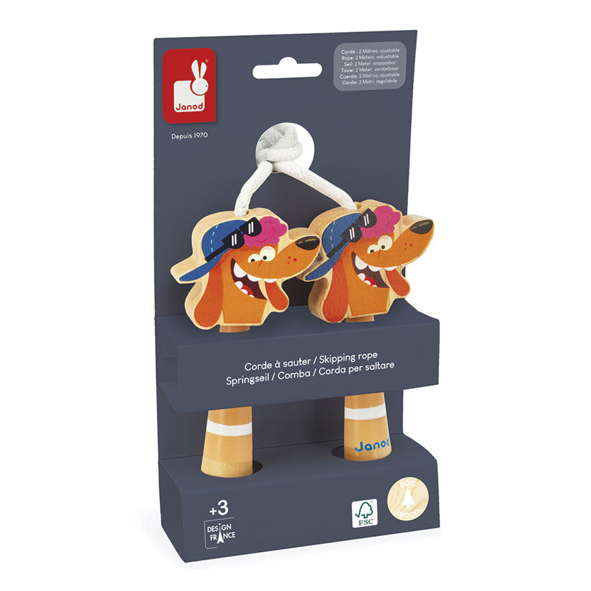 Skipping rope with dog-shaped handles in packaging
