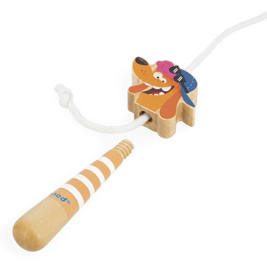 Wooden jump rope with cartoon dog handle on a white background