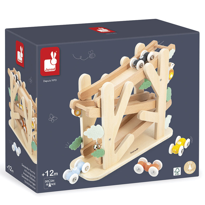 Wooden toy track set on a box with Janod logo