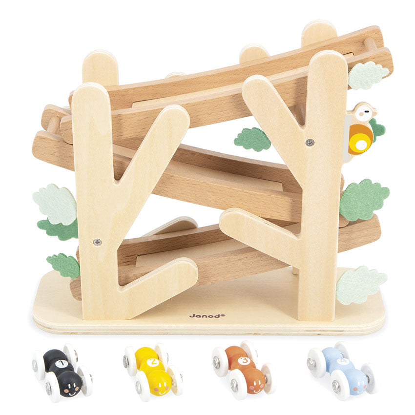 Wooden toy racetrack with cars on a white background