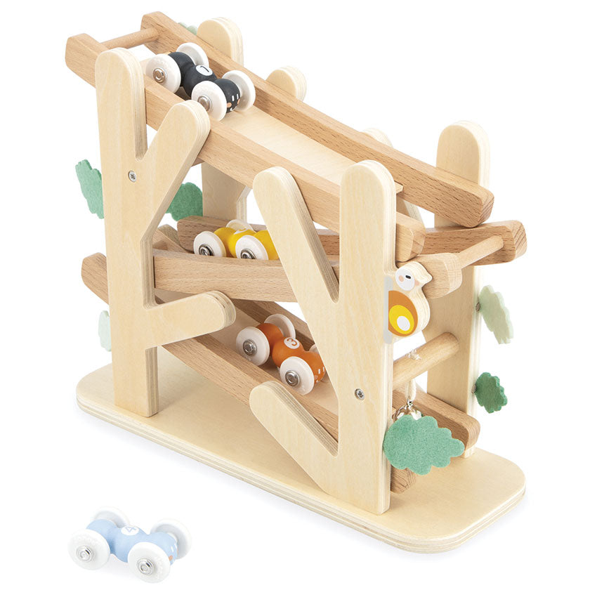 Wooden toy with a run track and small cars on a white background
