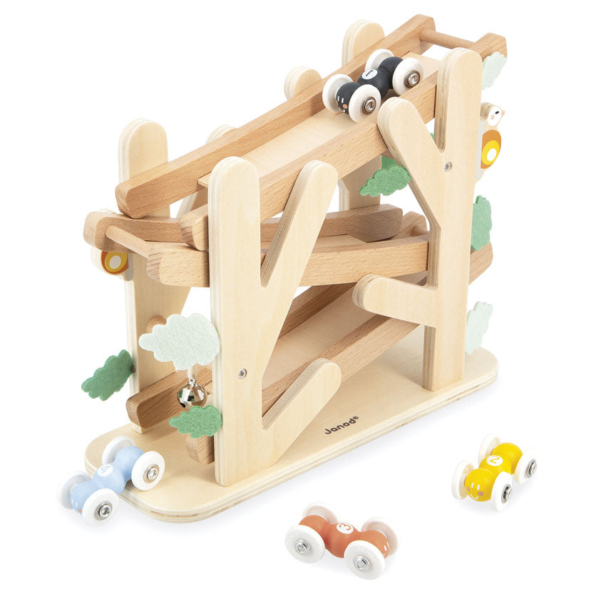 Wooden toy track with cars on a white background