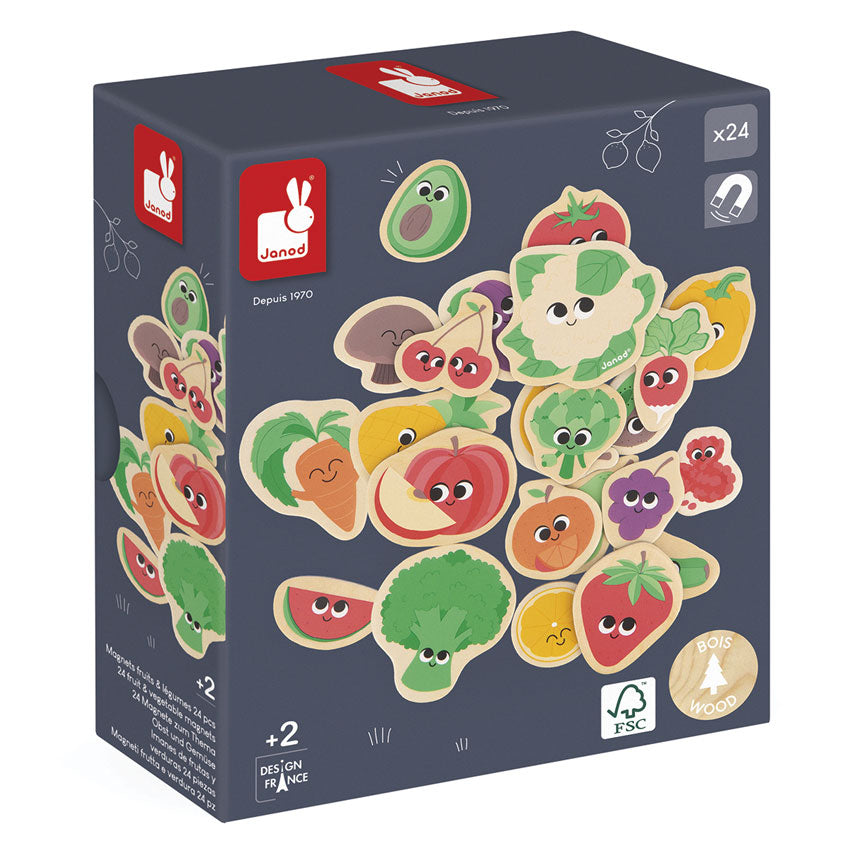 Box of Janod educational toys featuring colorful fruit and vegetable shapes on a dark blue background.
