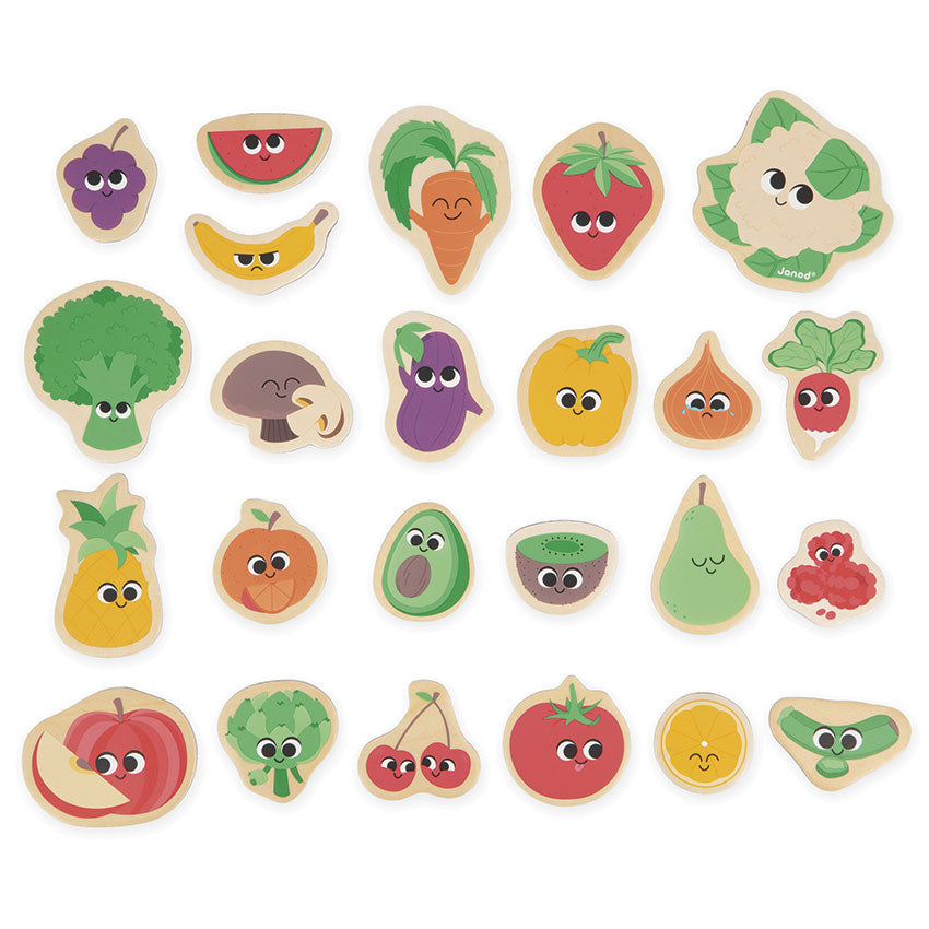 Set of colorful wooden fruit and vegetable toy pieces on a white background
