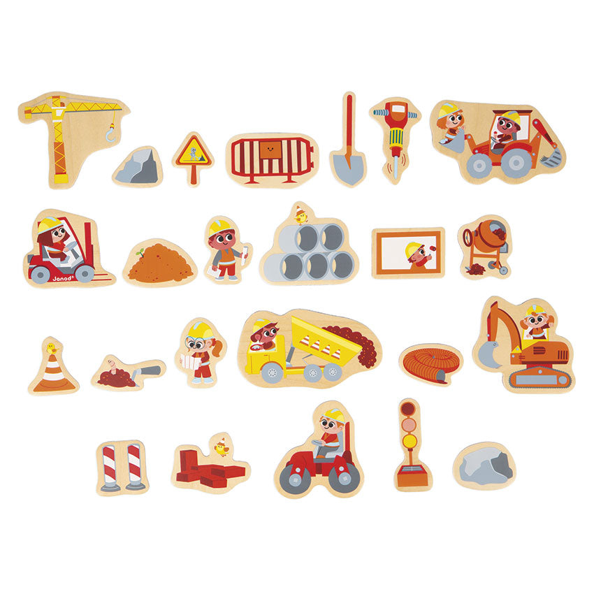 Set of wooden construction-themed toys on a white background