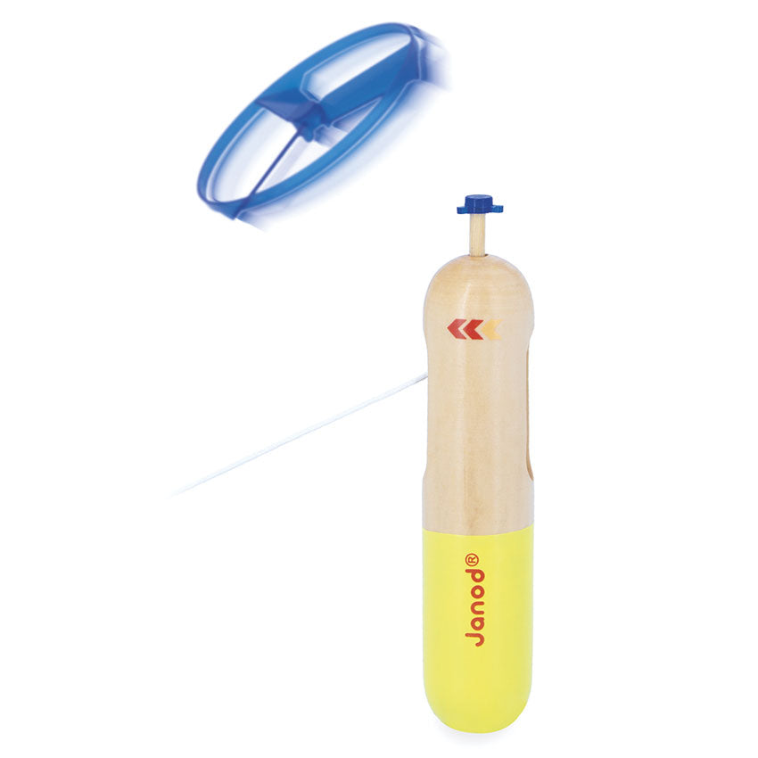 Wooden toy with blue flying top and yellow bottom, featuring the Janod brand logo.