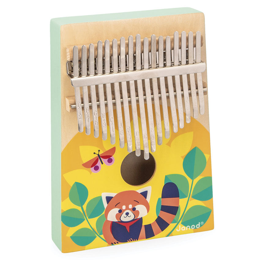 Wooden kalimba with colorful design featuring a red panda and leaves on a white background