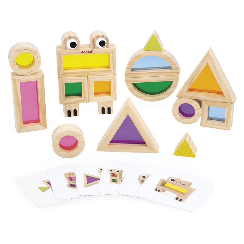 Set of wooden shape toys with colorful translucent centers on a white background
