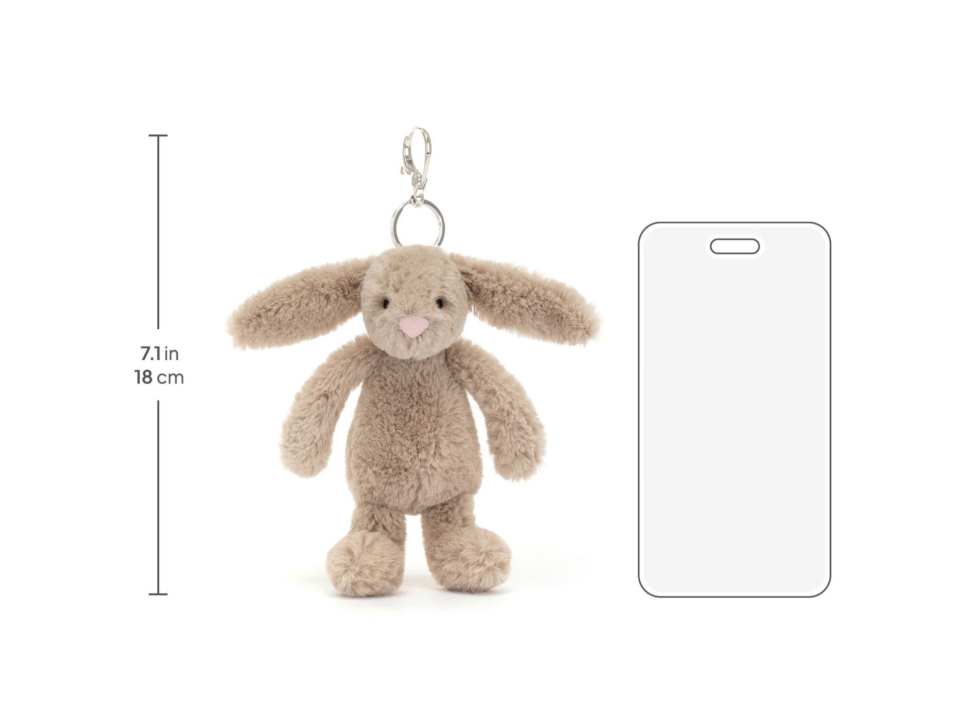 Plush Jellycat brand bunny keychain with dimensions on a white background