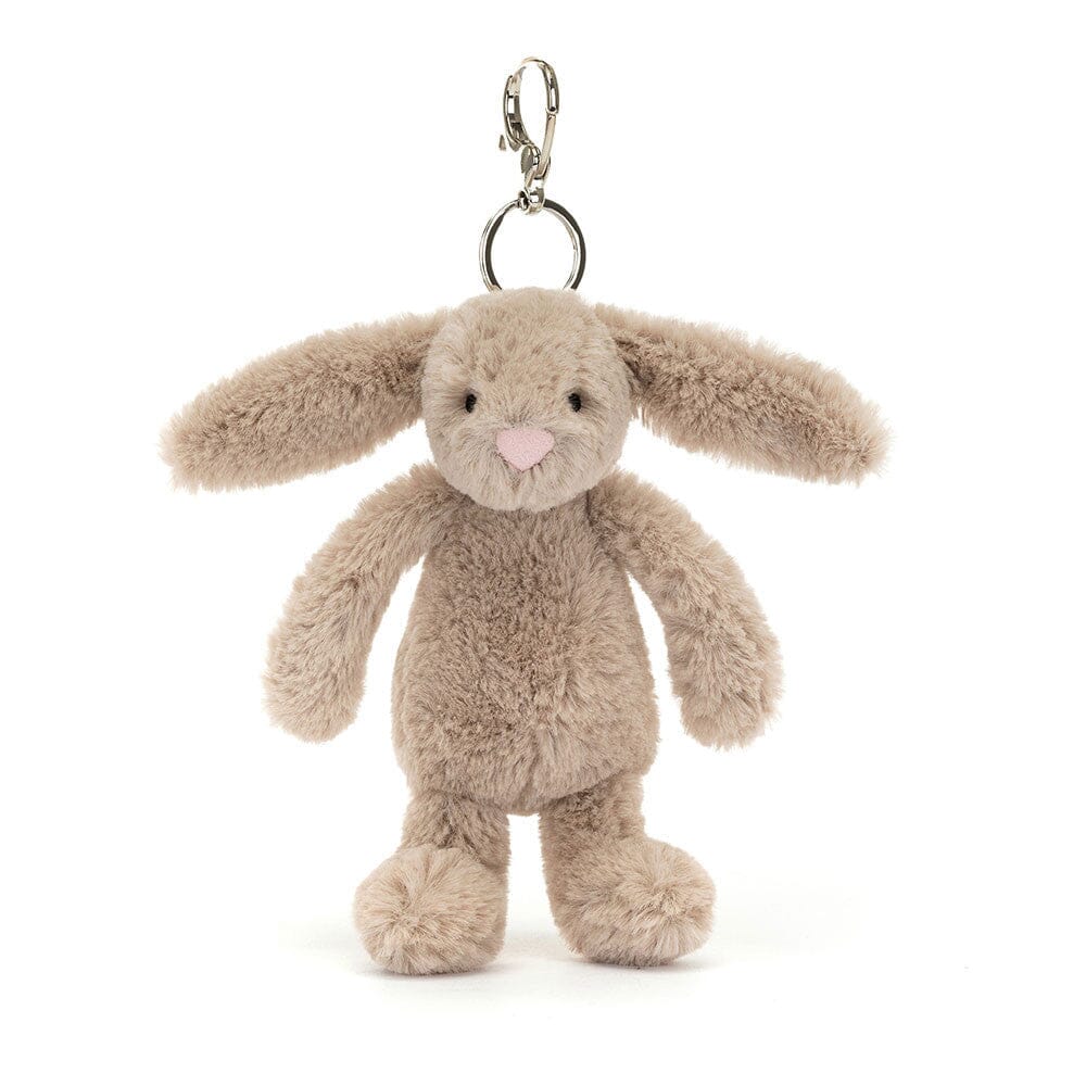 Plush Jellycat brand bunny keychain on a white background