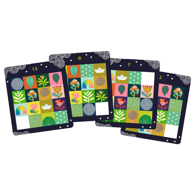 Set of four colorful patterned cards on a white background