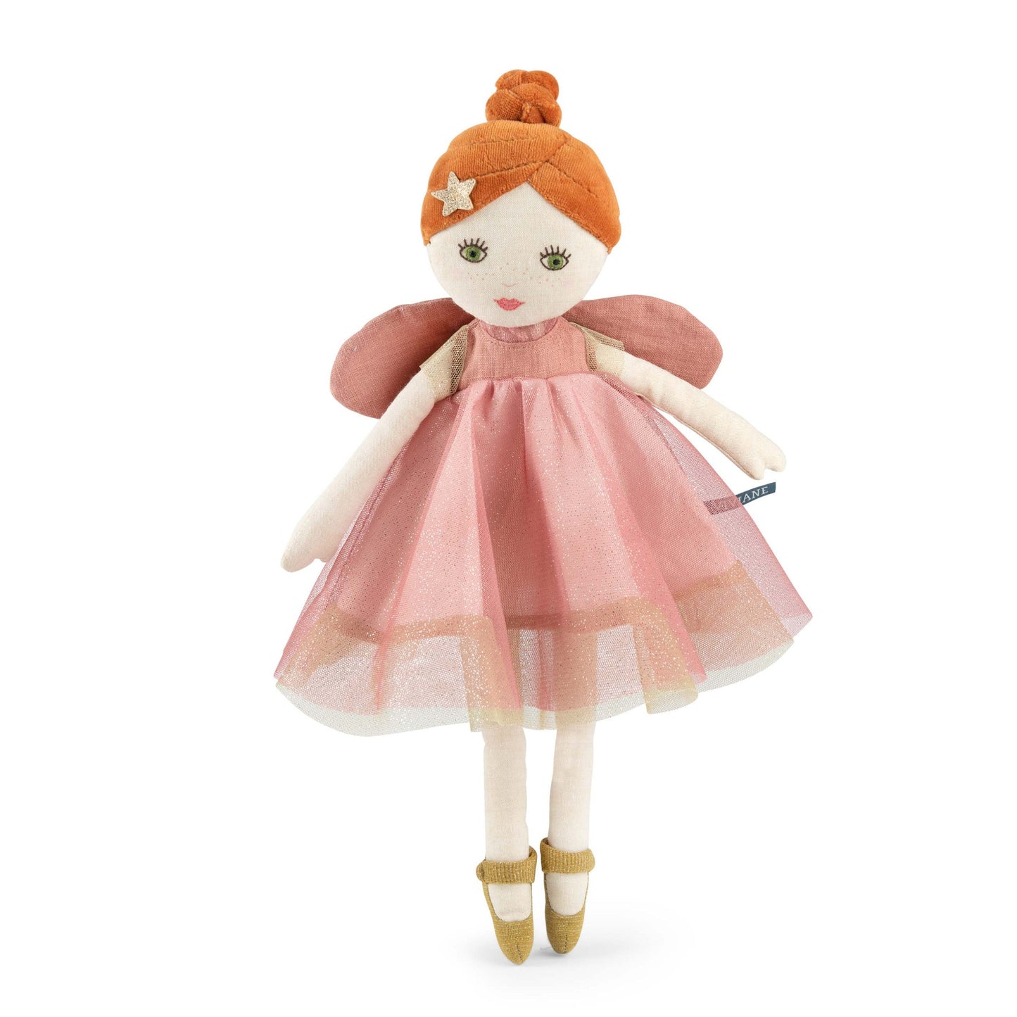 Stuffed doll with a pink dress on a white background