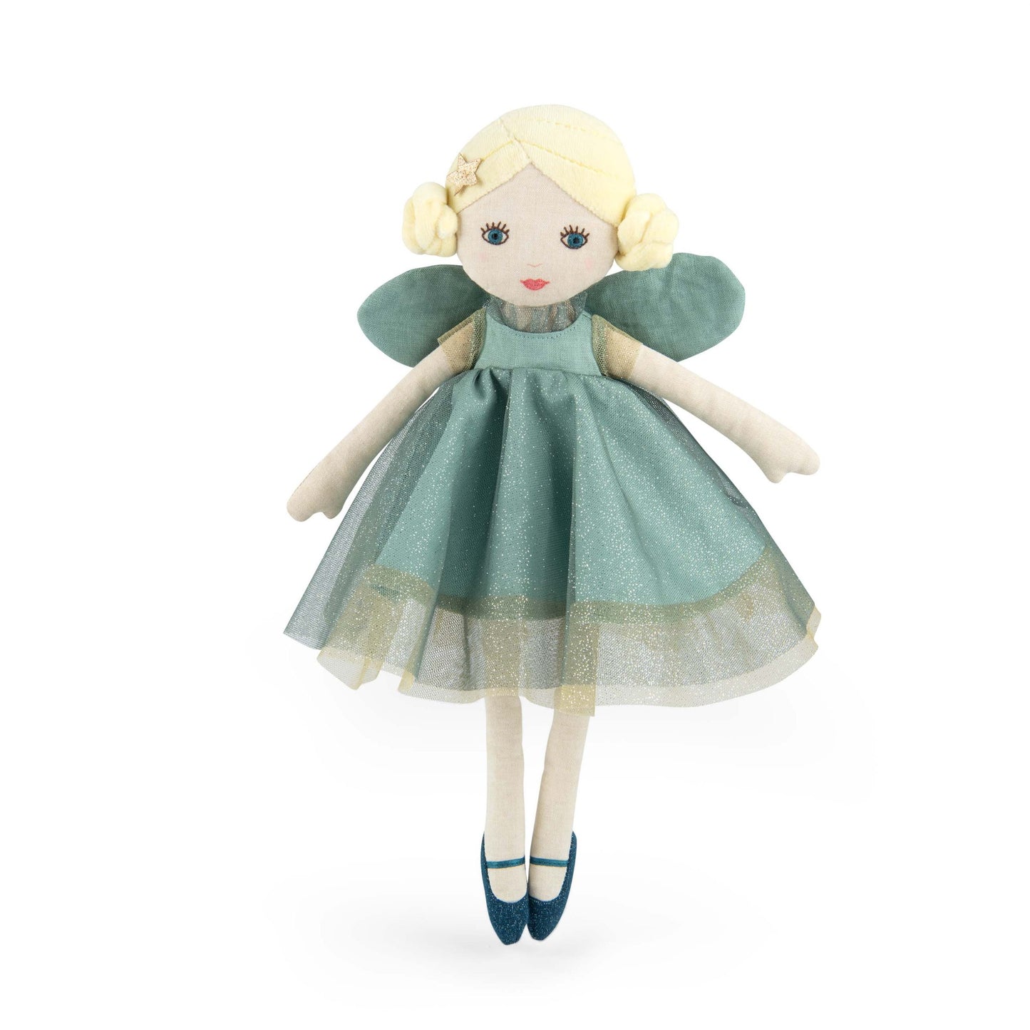 Stuffed doll with a green dress on a white background