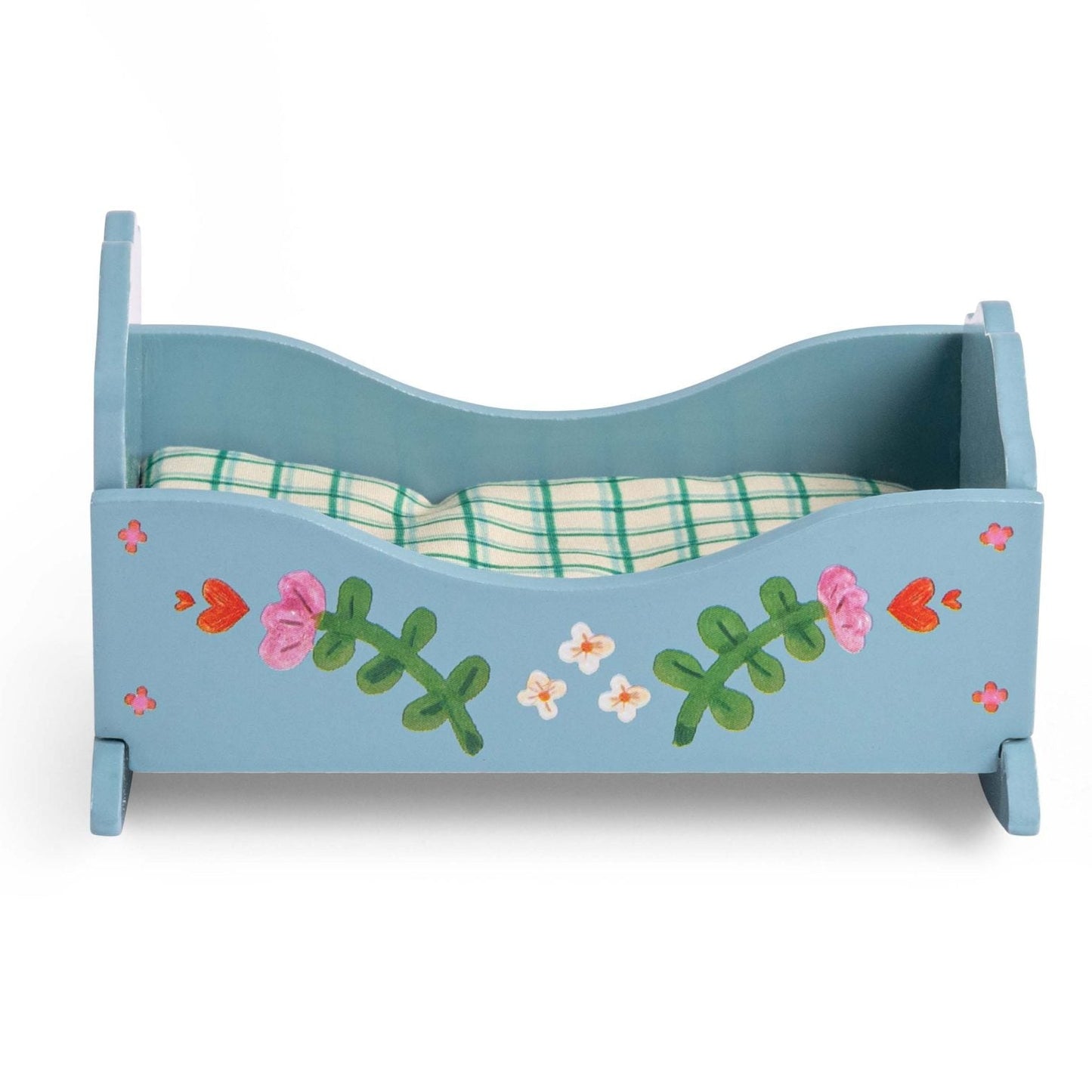 Small blue wooden tiny doll bed with floral patterns on a white background