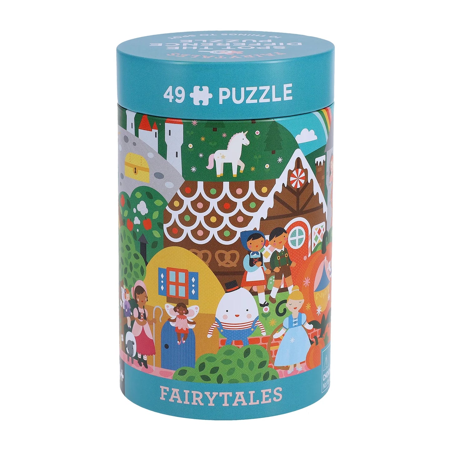 Cylindrical puzzle box with fairy tale design on a white background