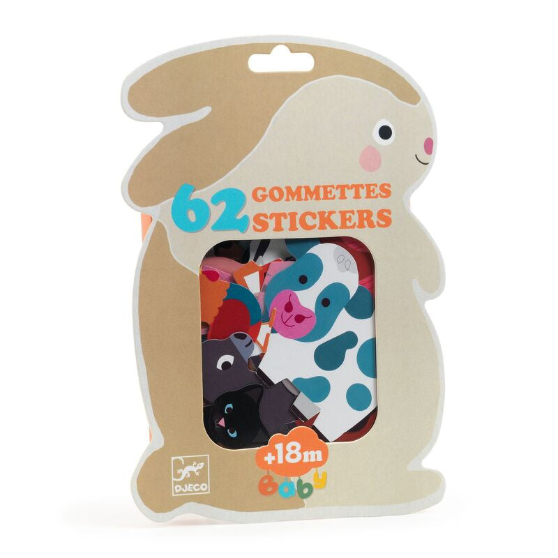 Packaging of '62 Gommettes Stickers' with a rabbit shape, displaying various farm animal themed stickers inside.