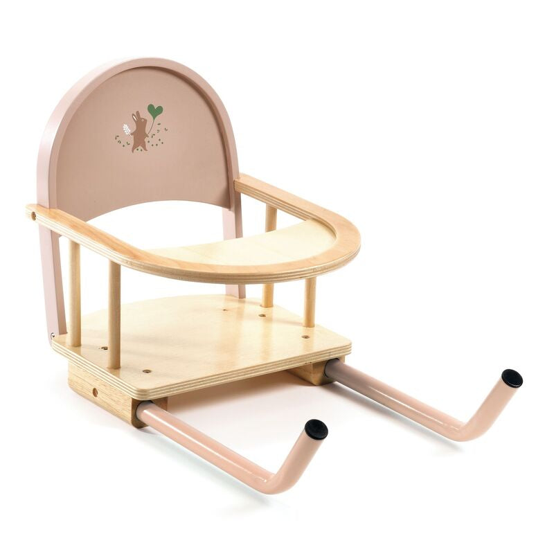 Wooden hook-on high chair for baby dolls with a beige seat and backrest, and wooden legs.
