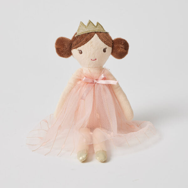A Effie Fairy soft toy with a pink dress and a crown, made from plush fabric, seated against a white background.