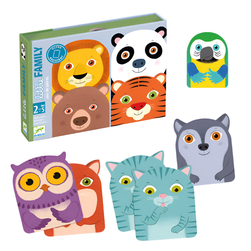 A colorful box packaging of a toddler card game with illustrations of animal face cards spilling out. The animals include a lion, panda, parrot, monkey, and more.