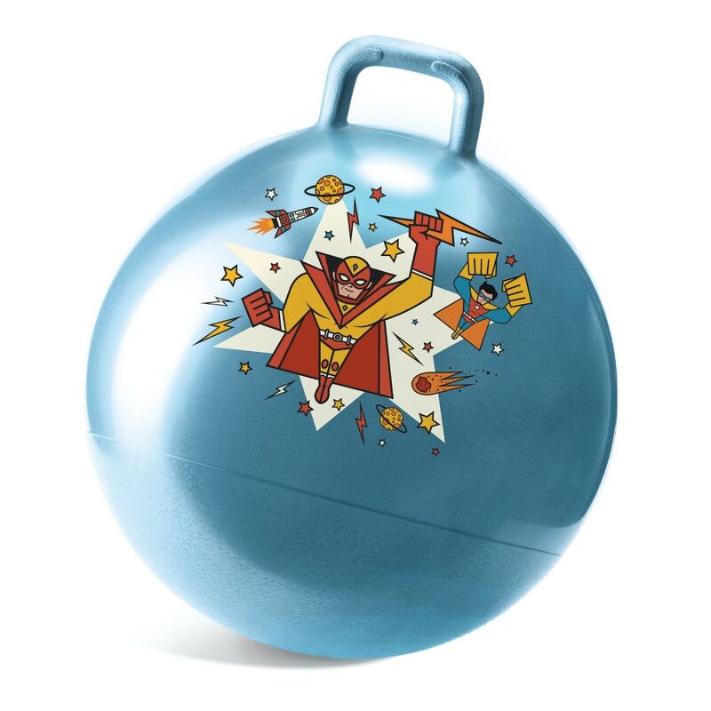 Blue space-themed inflatable jumping ball with a superhero design on a white background