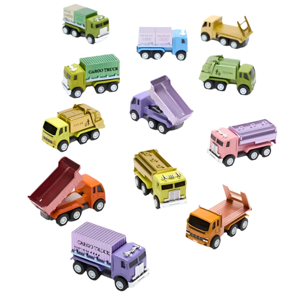 Collection of colorful toy trucks on a beige background