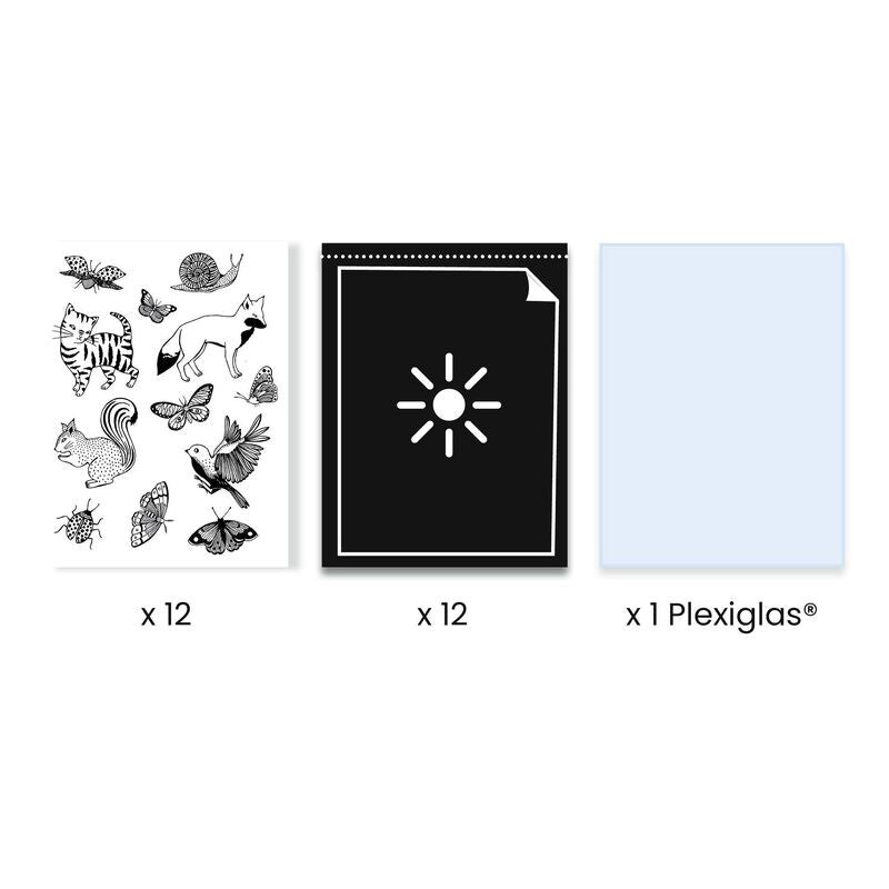 Set of 12 black and white animal and nature-themed stencils on a white background with a piece of blue plexiglass.