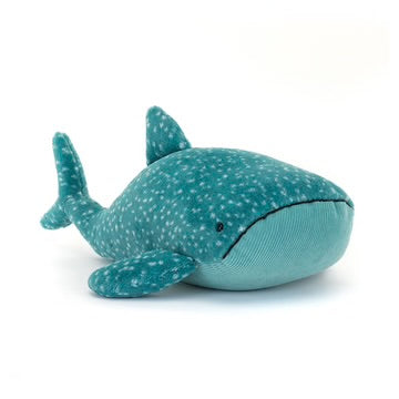 Teal plush whale toy on a white background, Jellycat brand