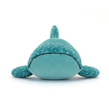 Teal plush toy with a pattern on a white background
