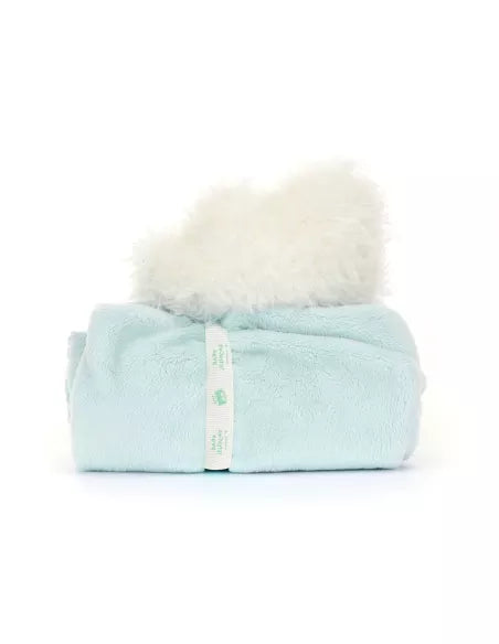 Light blue rolled up Jellycat soother with white fluffy cloud sitting ontop.