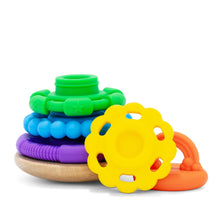 Bright rainbow silicone stacking toy with wooden wobble base