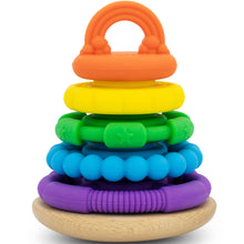 Colourful silicone rainbow stacker with wooden base. Jellystone brand.