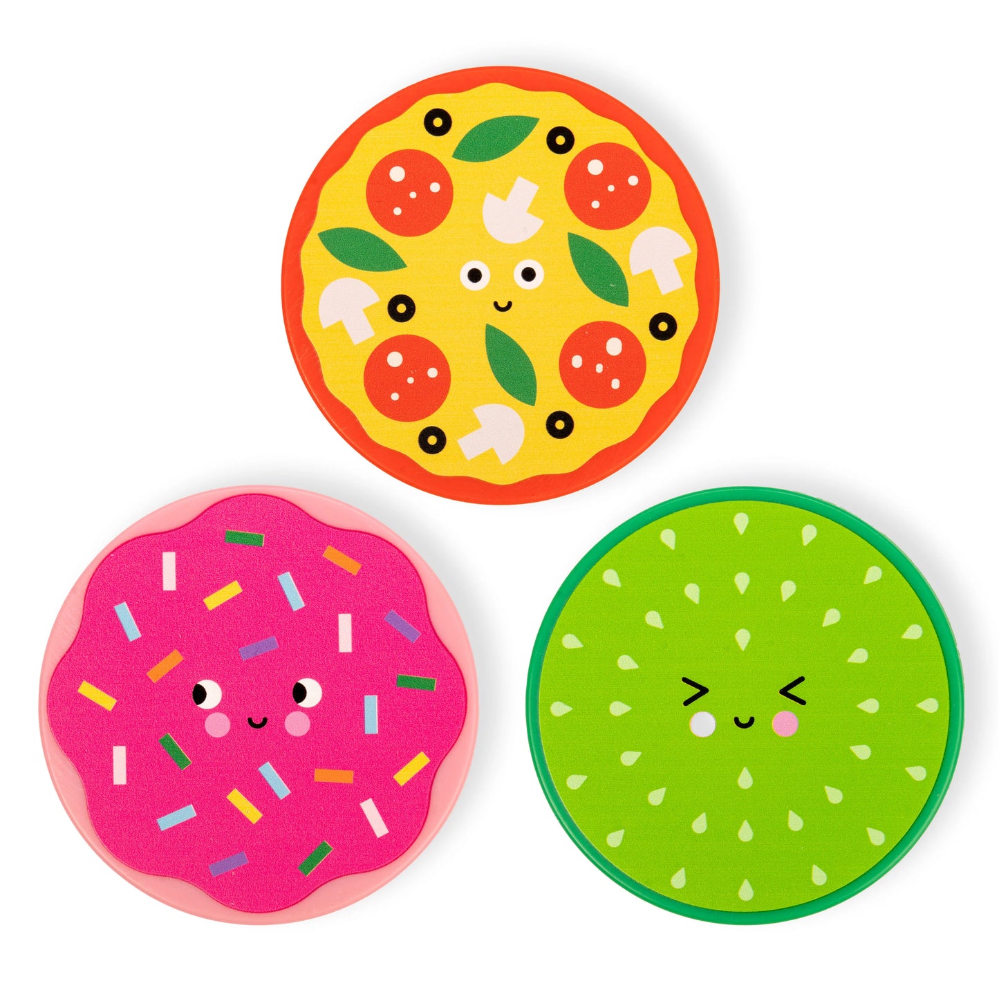 Three round discs representing a donut, pizza and lime, displayed on a plain white background.