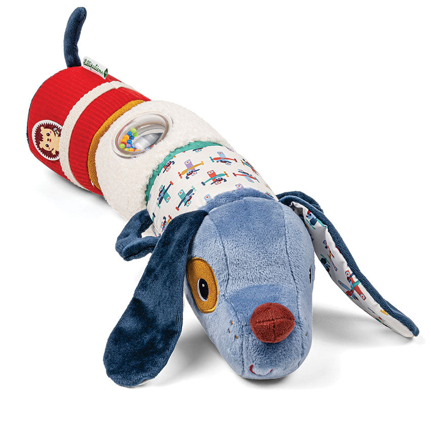 Plush toy dog with colorful activities on a white background