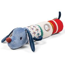 Plush toy with a blue face resembling a dog and colorful body on a white background