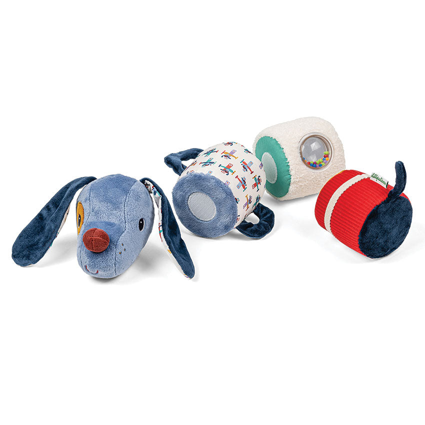 Set of 4 colorful children's plush activity toys on a white background. One section resembles a puppy's face.