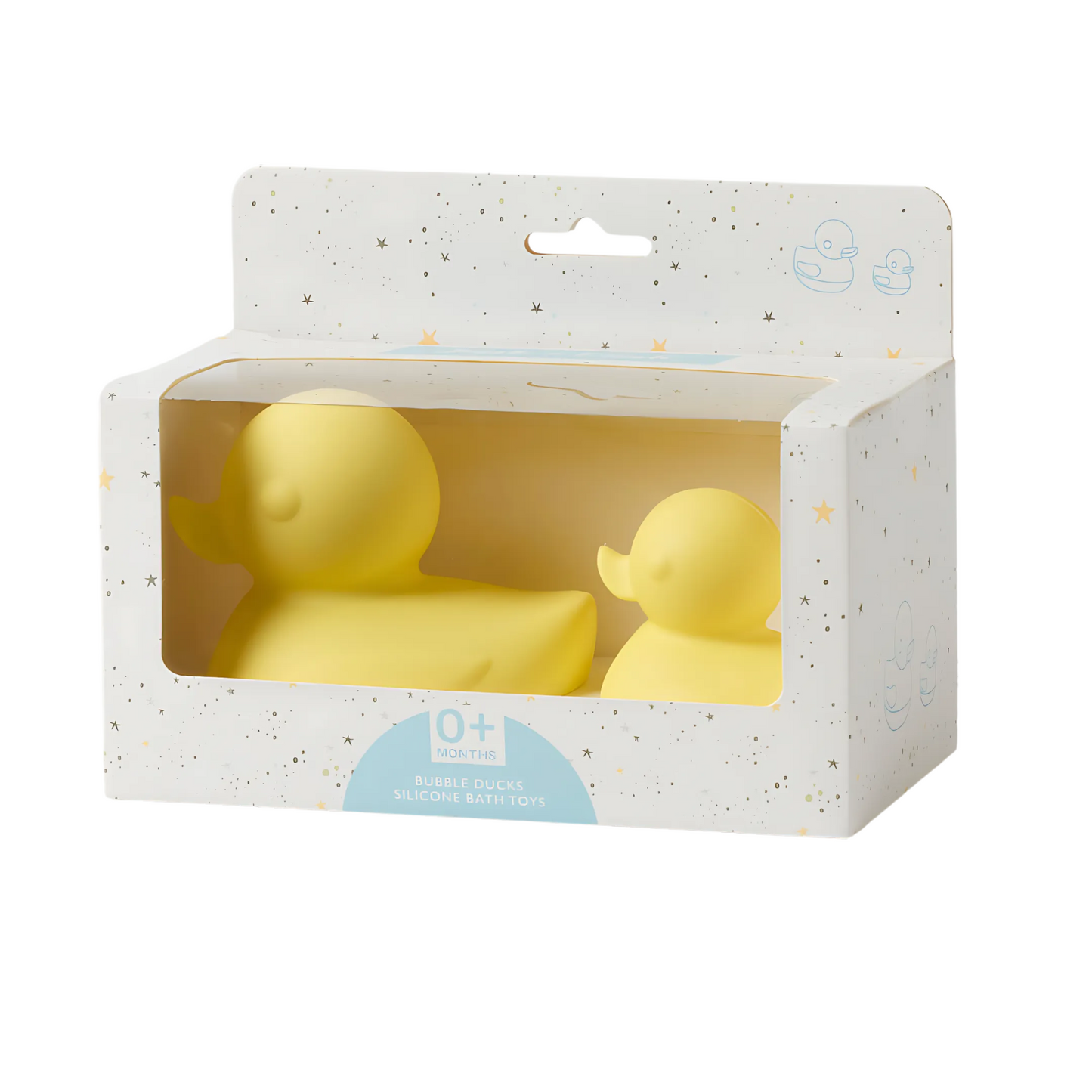 Two lemon colour bath ducks in a window display retail box