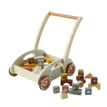A wooden baby walker with a handle, wheels, and a collection of colorful wooden blocks scattered around it.