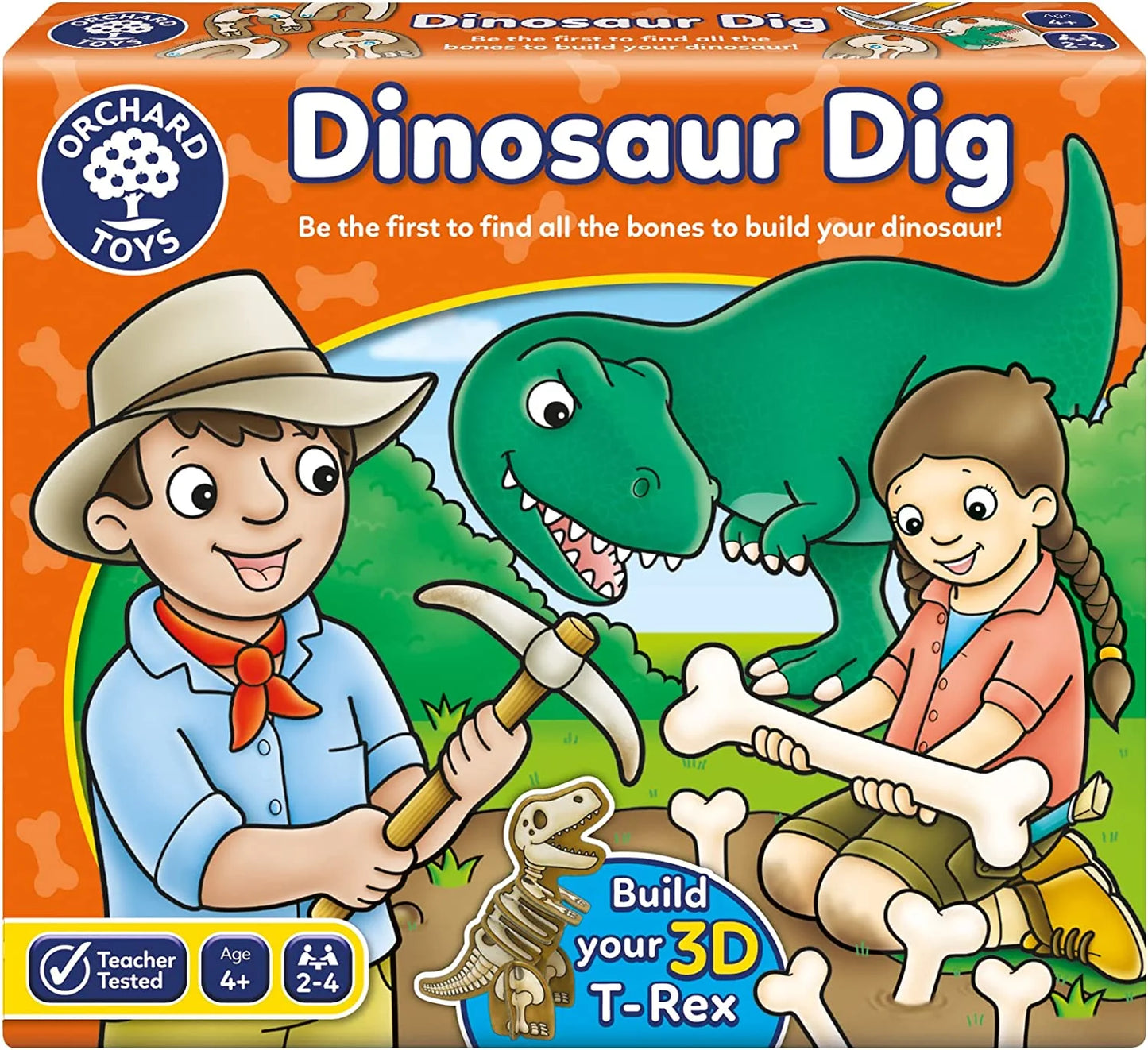 Orchard Toys Dinosaur Dig game box with two children and a dinosaur illustration.