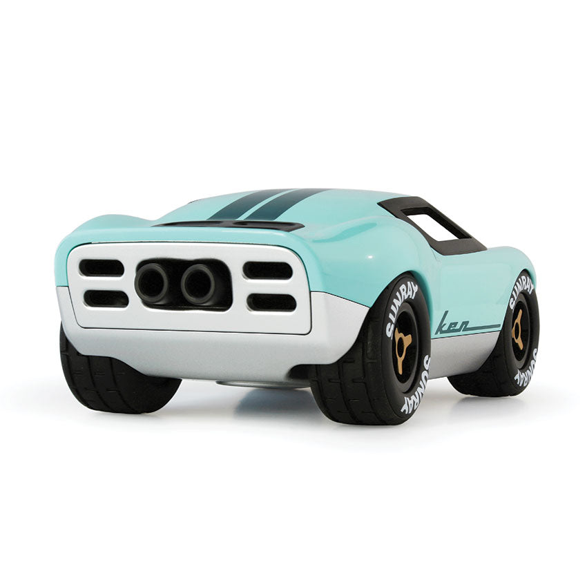 Toy car with a light blue body and black tires on a white background