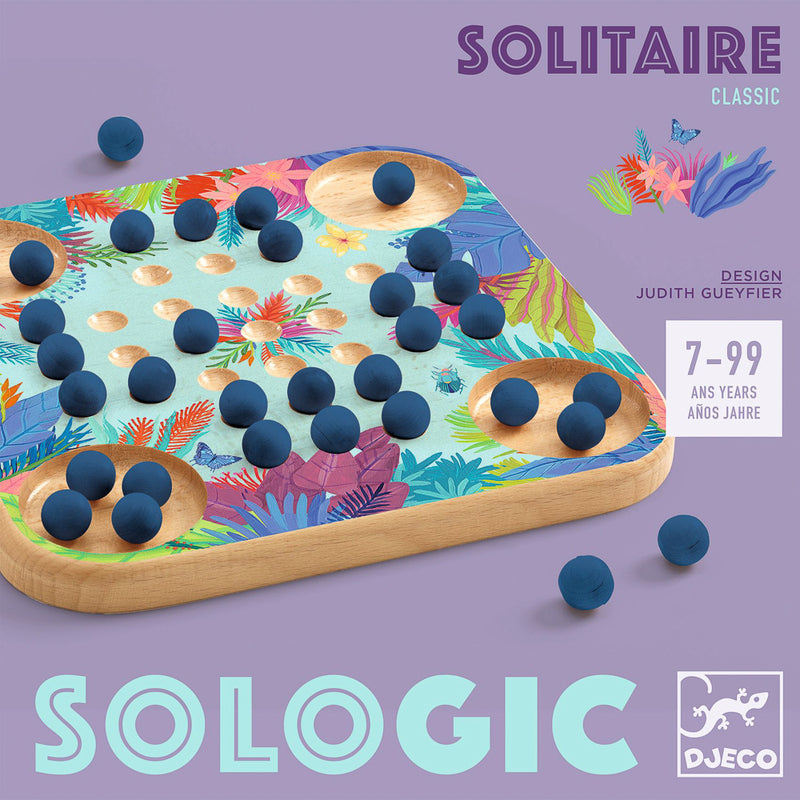 A colorful wooden solitaire game board with multiple blue marbles placed on it, against a purple background with a floral design. The board has a label indicating it is designed by Judith Gurnier and is suitable for ages 7-9.