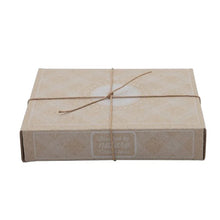 Beige cardboard box tied with brown string on a white background