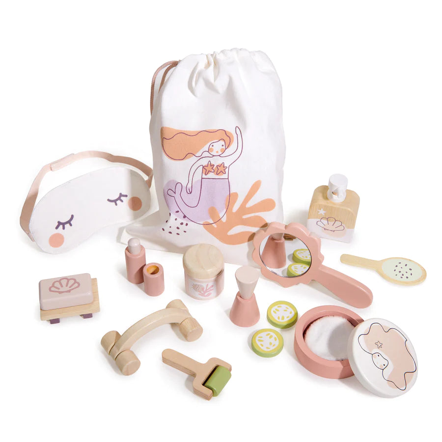 Wooden Spa Retreat pretend play set with cloth bag, illustrated with a mermaid. Tender Leaf Toy brand at Send A Toy